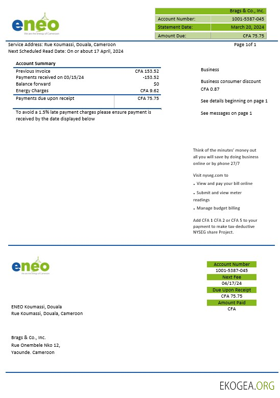 Modèle de facture de services publics d'électricité du Cameroun ENEO aux formats Word et Pdf